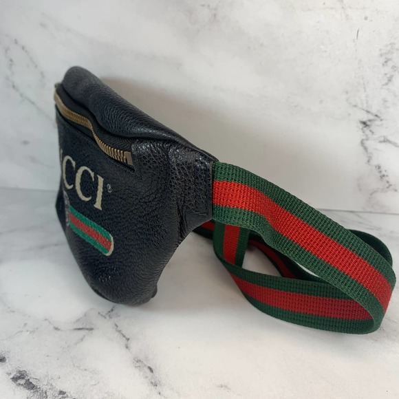 ❌❌ GUCCI Bumbag Belt Bag Black Grained Calfskin Small GG Logo Crossbody Stripe - Picture 12 of 13